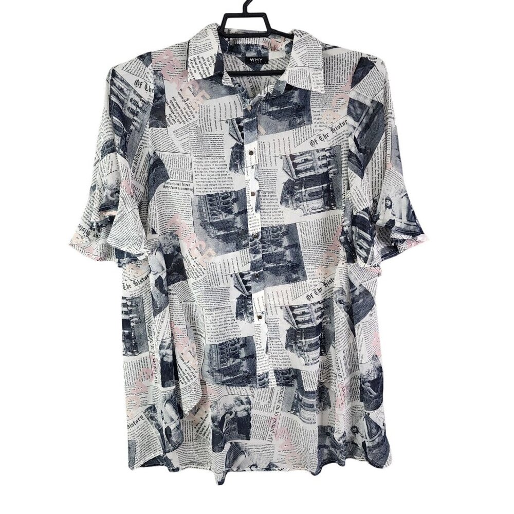 Womens WHY Dress Hi Lo Button Up Shirt Dress Sheer Newsprint Photos Polyester S